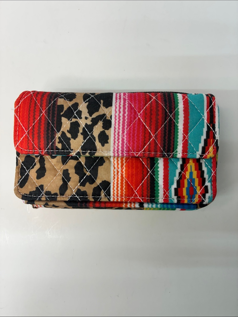 Multi-Pattern Quilted Clutch Wallet, Crossbody or Wristlet - Leopard & Turquoise